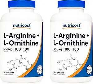 Nutricost L-Arginina L-Ornithine 750mg; 180 capsule (2 bottiglie)