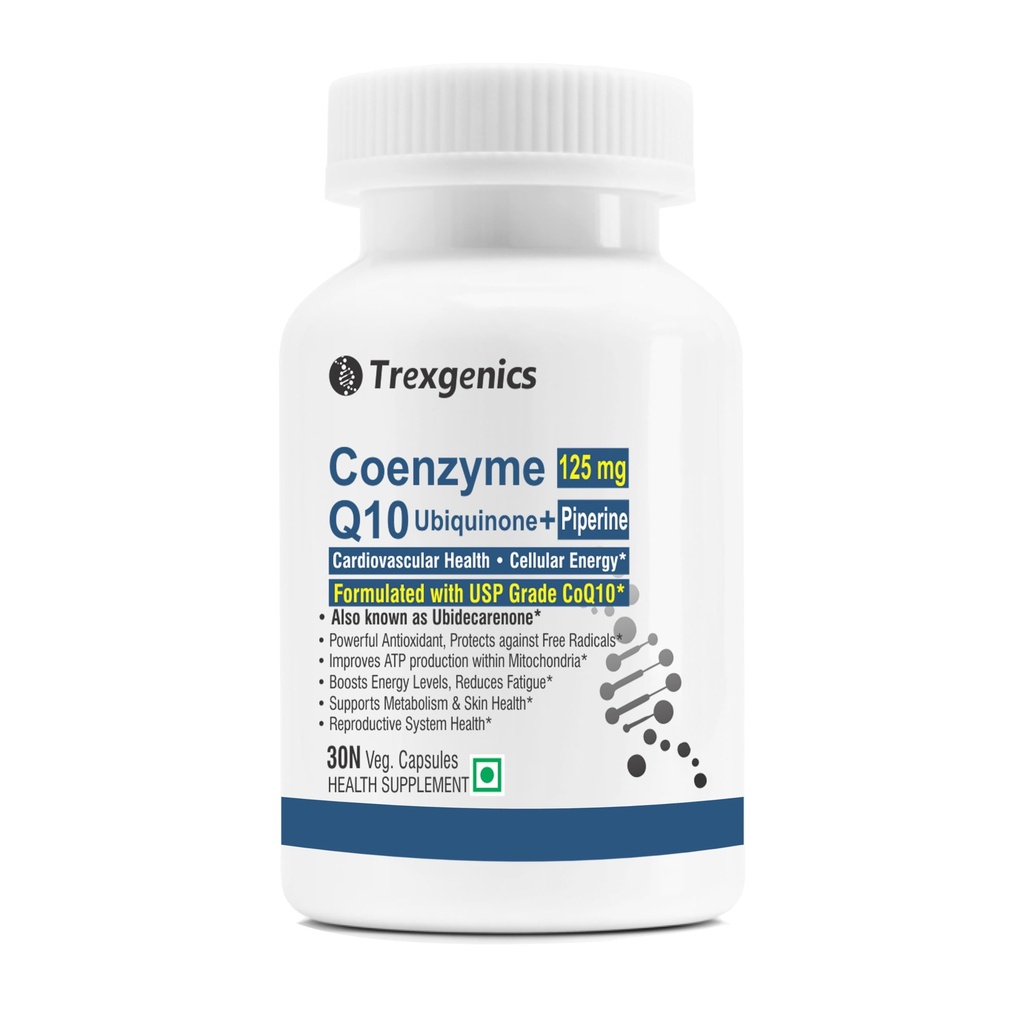Trexgenics COENZYME Q10 125 mg USP grade Ubiquinone (Ubidecarenone) with Piperine 5 mg Antioxidant, Cellular Energy, Heart Health (30 Veg Capsules))