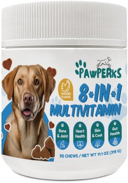 Multivitamine de chien 8-en-1 – Glucosamine pour la santé articulaire, les probiotiques et les enzymes digestives – Supplément sans grains pour la peau, le manteau et le soutien immunitaire – Arôme de poulet – 90 Chews