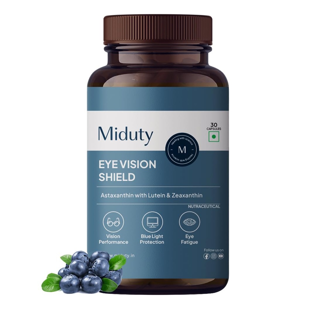 Miduty Eye Vision Shield Supplement for Dry Eyes | Bilberry Fruit Extracts 80mg, Vit A 300mcg, Lutein 20mg & Zeaxanthin, Astaxanthin, Lycopene- for Blurry Vision - 30 Capsules