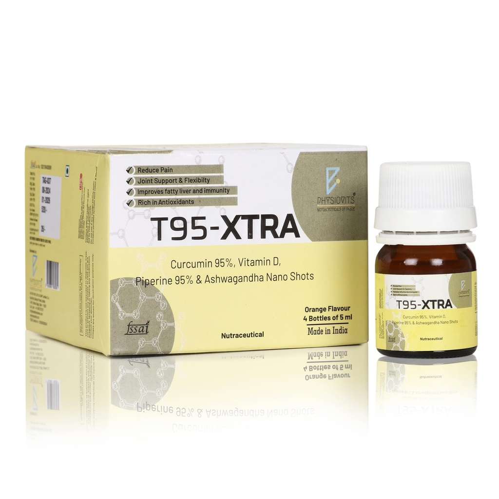 T95 XTRA Nano Shots Curcumin 95%, Vitamin D, Piperine 95% and Ashwagandha Nano Shots, Orange Flavour, 4 Bottles of 5ml | Anti inflammatory Supplement for Adults | Good For Skin & Joint pains