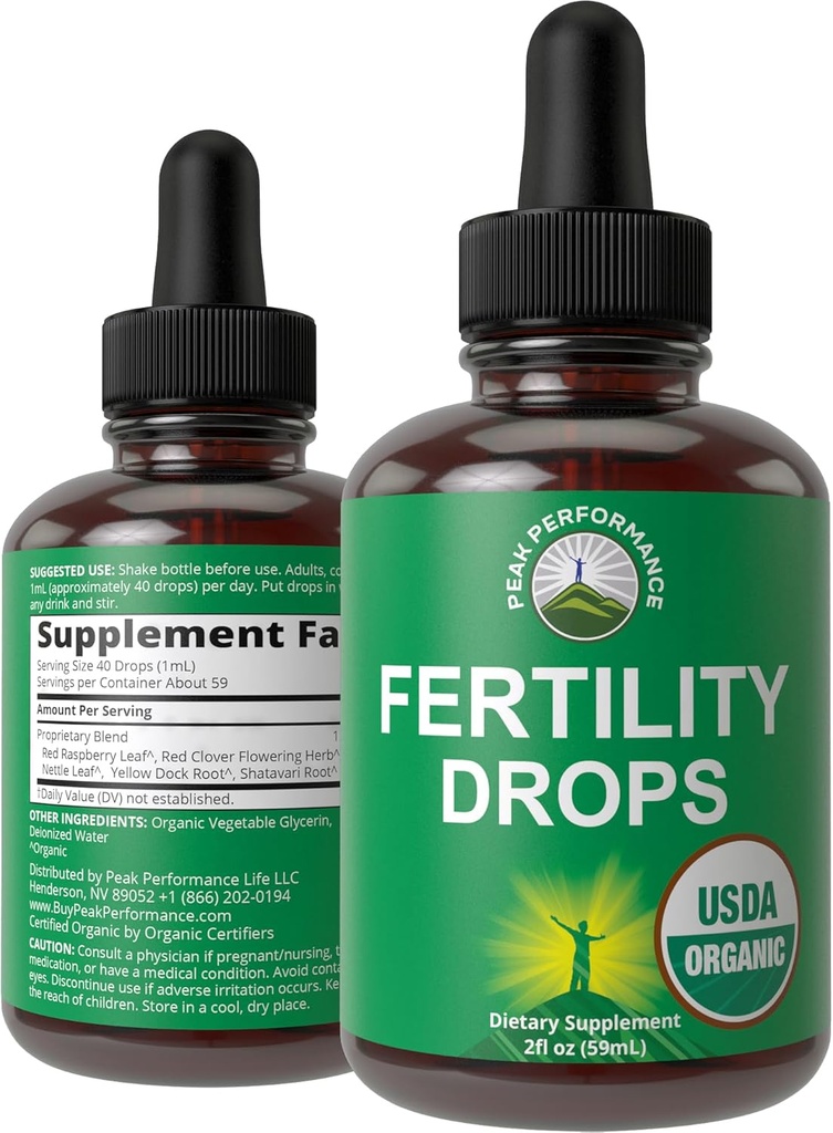 USDA Organic 5-In-1 Fertilità Supplementi per le donne. Liquido ad alto assorbimento gocce Vitamine miscela con 5 ingredienti a base di erbe per la salute riproduttiva, supporto di percezione. Vegan, Zucchero Zero