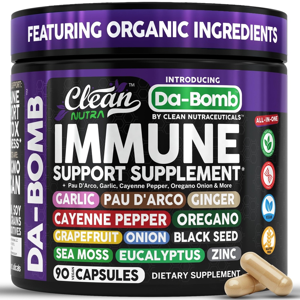 Bio Immununterstützung mit PAU D'Arco Knoblauch Cayenne Pfeffer Oregano Ginger Grapefruit Onion Schwarz Seed Sea Moss Schwarz Pfeffer Zink Eucalyptus Vitamin C Vitamin D Bio Soursop von Clean Nutra