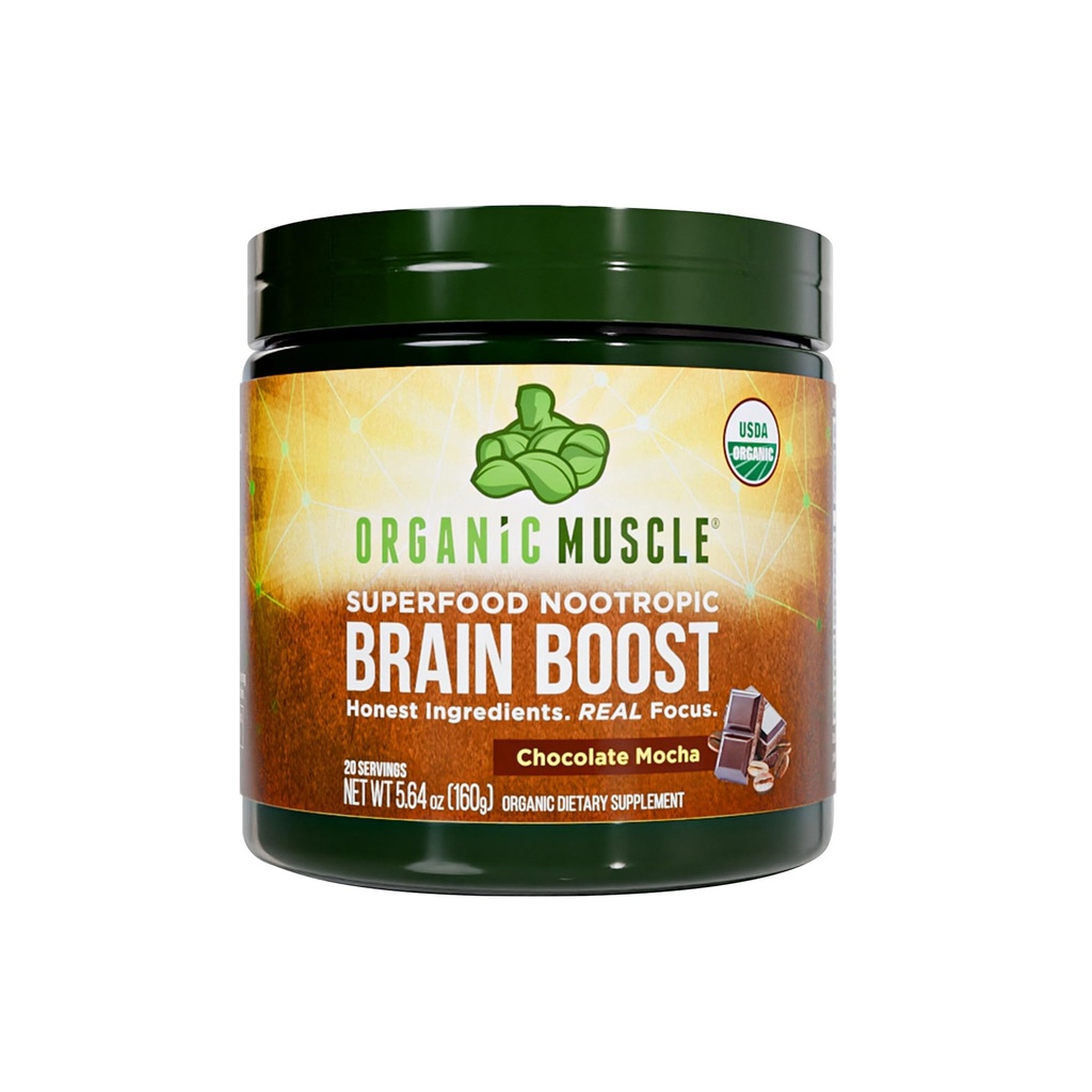 Organic Muscle Brain Boost Nootropics Blend - Vegan & Organic Superfood Salute Integratori per Focus, Memoria & Produttività con Ashwagandha, Ginkgo & Ginseng - Cioccolato Flavor, 20 Serve