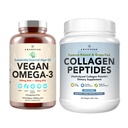 Peau et articulations saines Bundle - Premium Vegan Omega-3 (120 capsules) à partir d'algues marines + poudre de peptides de collagène à gazon (1kg - 100 portions) non-OGM. Radiant peau, articulations, os et vieillissement gracieux