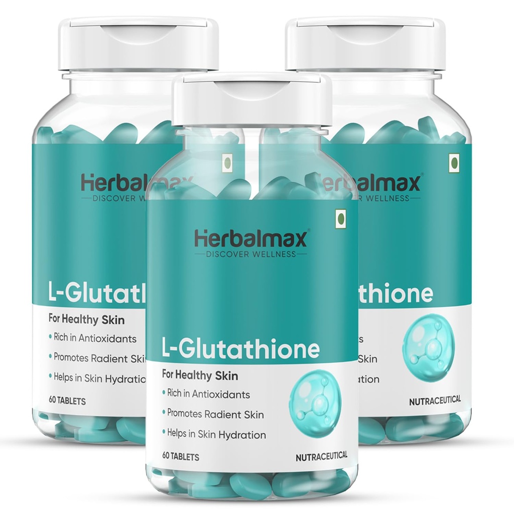 Herbal Max L-Glutathione 60 Veg Tablets Skin Whitening & Antioxidant Supplement | Supports Hydrated, Radiant & Youthful Skin | With Vitamin C | Pack of 3