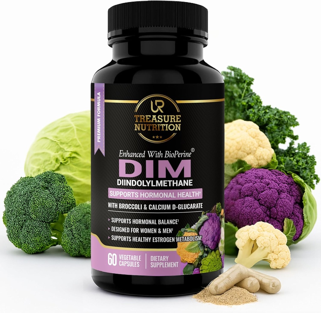 DIM Ergänzung mit Broccoli Extrakt und BioPerine - Natürliche Hormon Balance Unterstützung für Frauen und Männer - Estrogen Balance - Menopause, Akne - 60 vegetarische Kapseln mit Calcium D-Glucarate