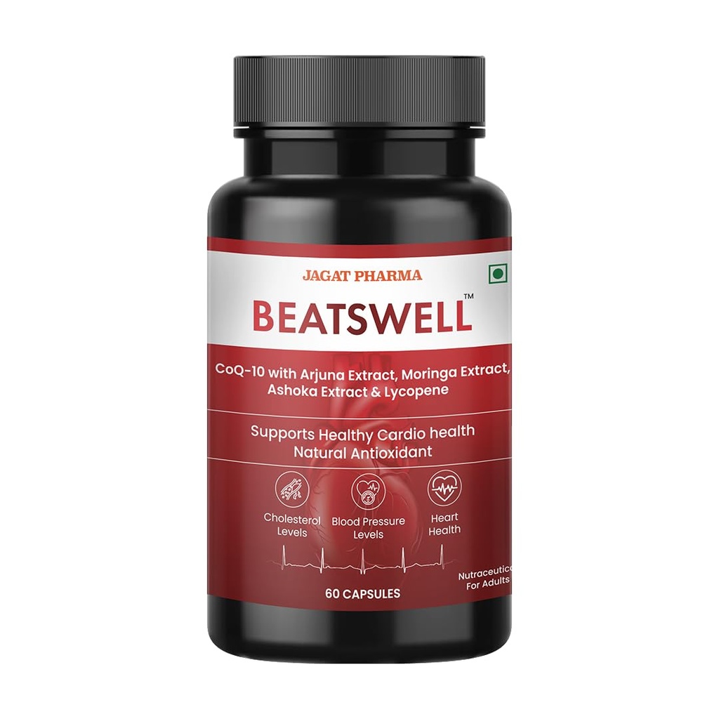 Jagat Pharma Beatswell – Heart Health Supplement with Arjuna, CoQ10, Moringa & Lycopene | 60 Capsules | WHO-GMP Certified | Lab Tested | Natural Cardio Support