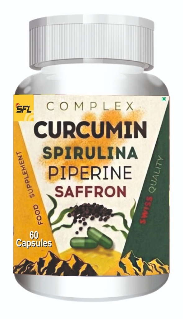 SFL Complex Curcumin Spirulina Piperine Saffron Food Supplement, 60 Veg Capsules, with Ginger Extract