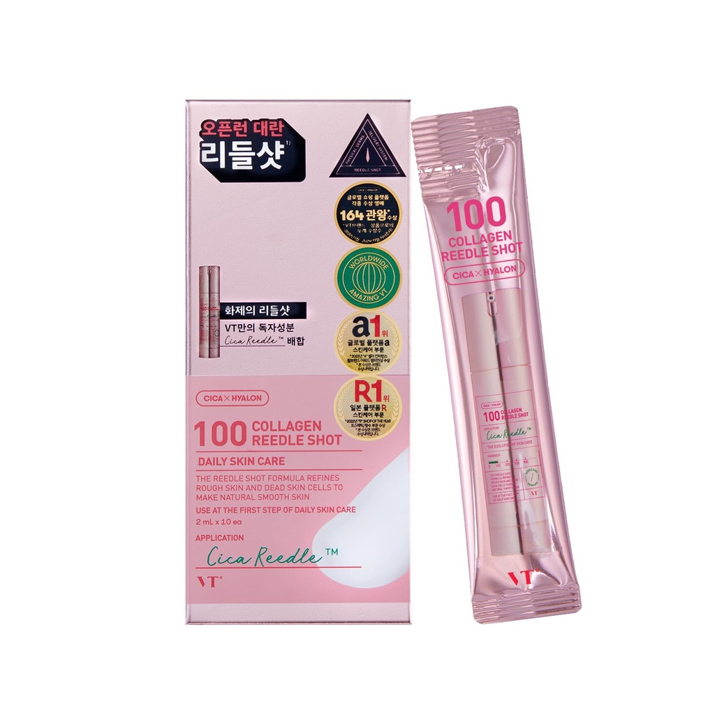 VT COSMETICS Collagen Reedle Shot 100 Stick 2ml x 10ea – Firming Micro-Needle Skin Booster with Collagen for Elasticity, Hydration, Anti-Aging & Skin Plumping Korean Skincare Treatment