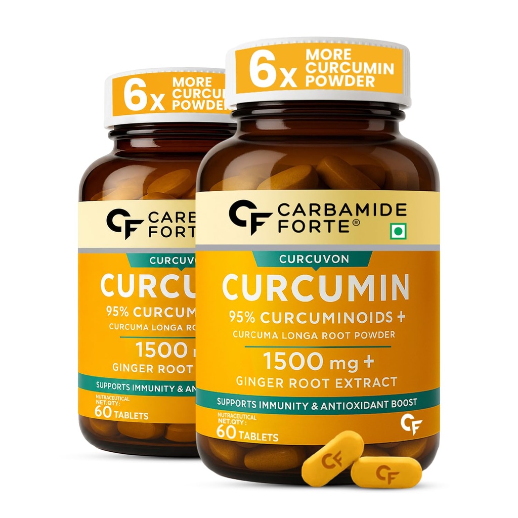 Carbamide Forte Curcumin With Piperine Tablets With 95% Curcuminoids | Immunity Boosters Tablet For Adults With Curcuma Longa, Turmeric Powder & Ginger 60 Veg Tablets (Pack Of 2)