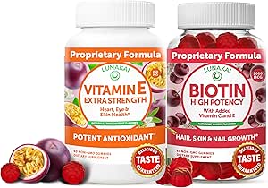 Bundle Lunakai Vitamine E et Biotine Gummies - 3000 mcg Gummies for Adults Energy Support and Bone Health - Vitamines for Hair, Skin and Youthful Apparence