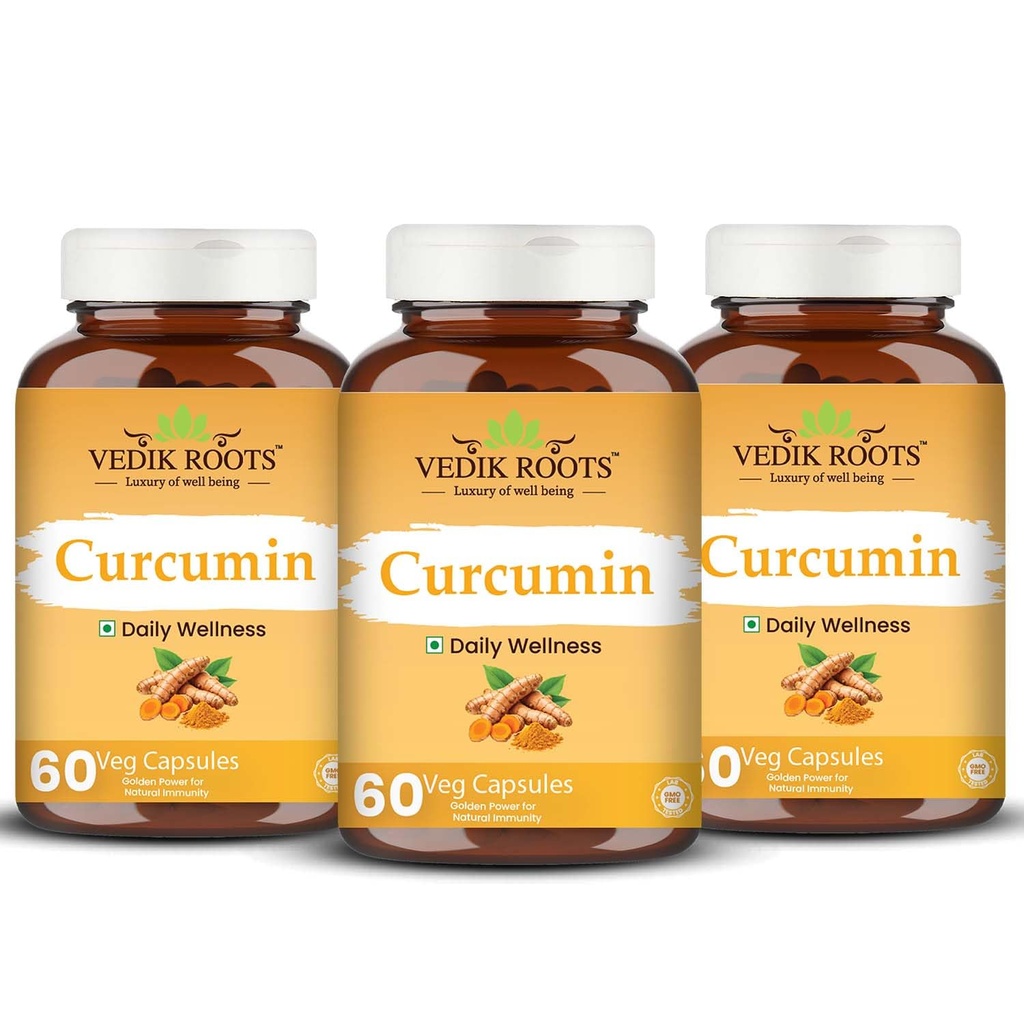 Curcumin Tablets with Piperine and 95% Curcuminoids | Anti-inflammatory Supplement for Adults | Turmeric, Ginger & Black Pepper | 180 Veg Capsules | Pack of 3