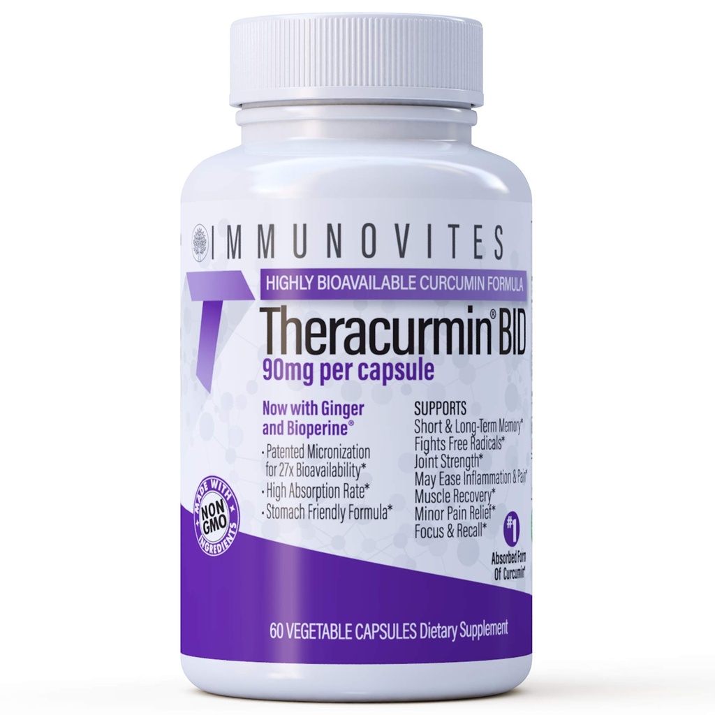 IMMUNOVITES Theracurmin BID 300mg (Nano Curcumin 90mg par bouchon) [[600mg par portion]] - Maintenant avec/Ginger et Bioperine (60ct bouteille)