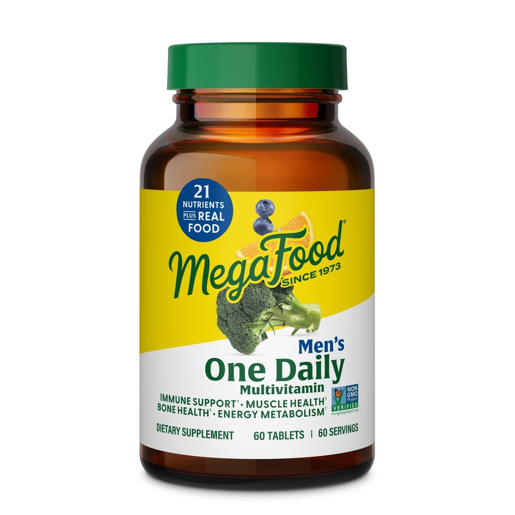 Multivitamines pour hommes MegaFood One Daily Mens - Multivitamine pour hommes - Vitamine C, Vitamine D3 et Vitamine B12 - Muscle, Énergie Métabolisme et Immune Support - Végétarien, Sans gluten - 60 comprimés, 60 portions