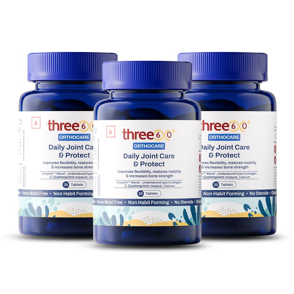 three60+ Daily Joint Care & Protect Tablets, Researched for Knee, Bone & Cartilage, Arthritis Support | with Acujoint, UC-II Collagen, Hadjod, Curcumin & Calcium+D3+K2 | Improves Mobility & Reduces Stiffness | (30 Tablets) | Pack of 3