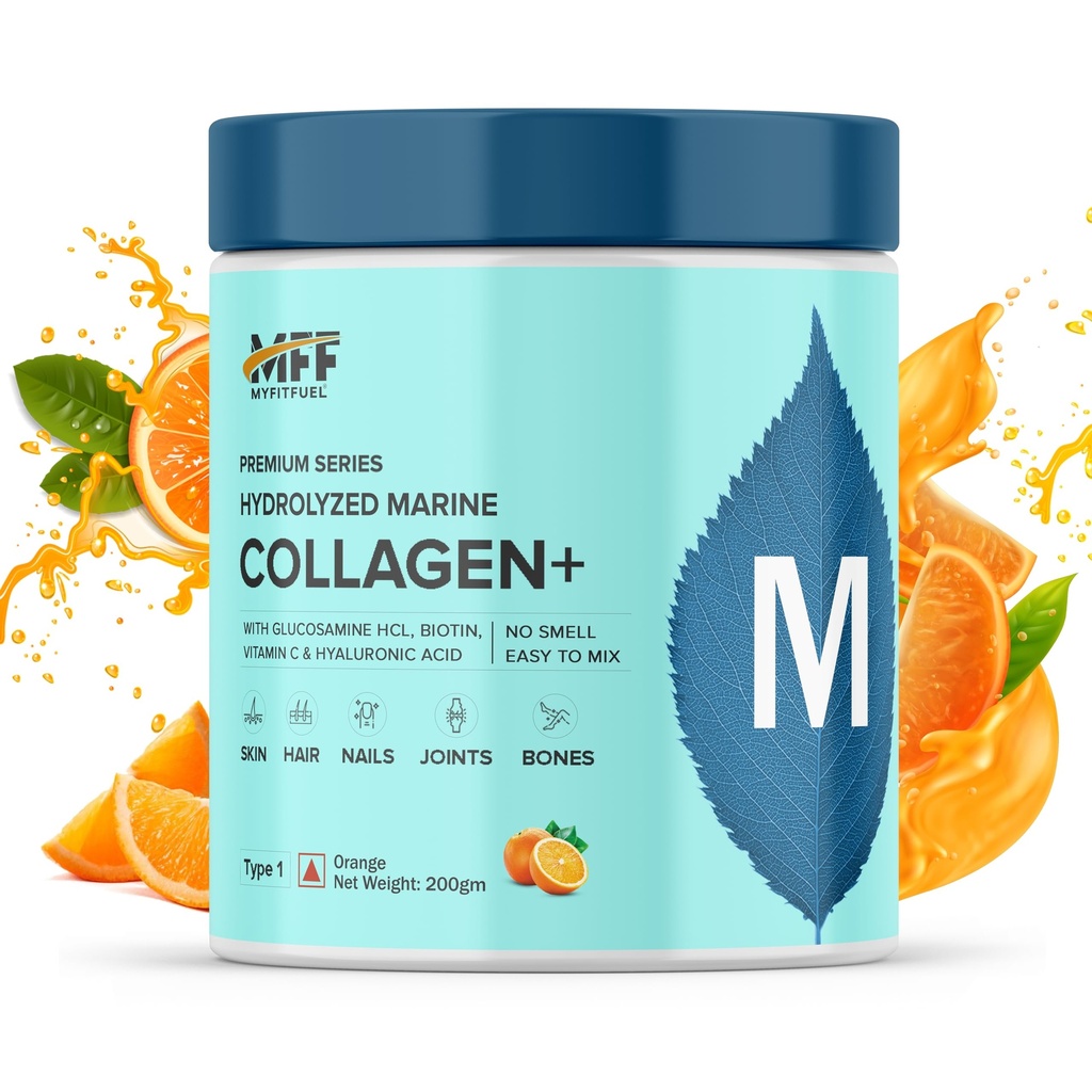 MyFitFuel Hydrolyzed Beauty Marine Collagen Peptides (200gm, Orange) with Biotin, Hyaluronic Acid, Zinc, Vitamin C & Glucosamine | For Skin, Hair, Nails & Joints