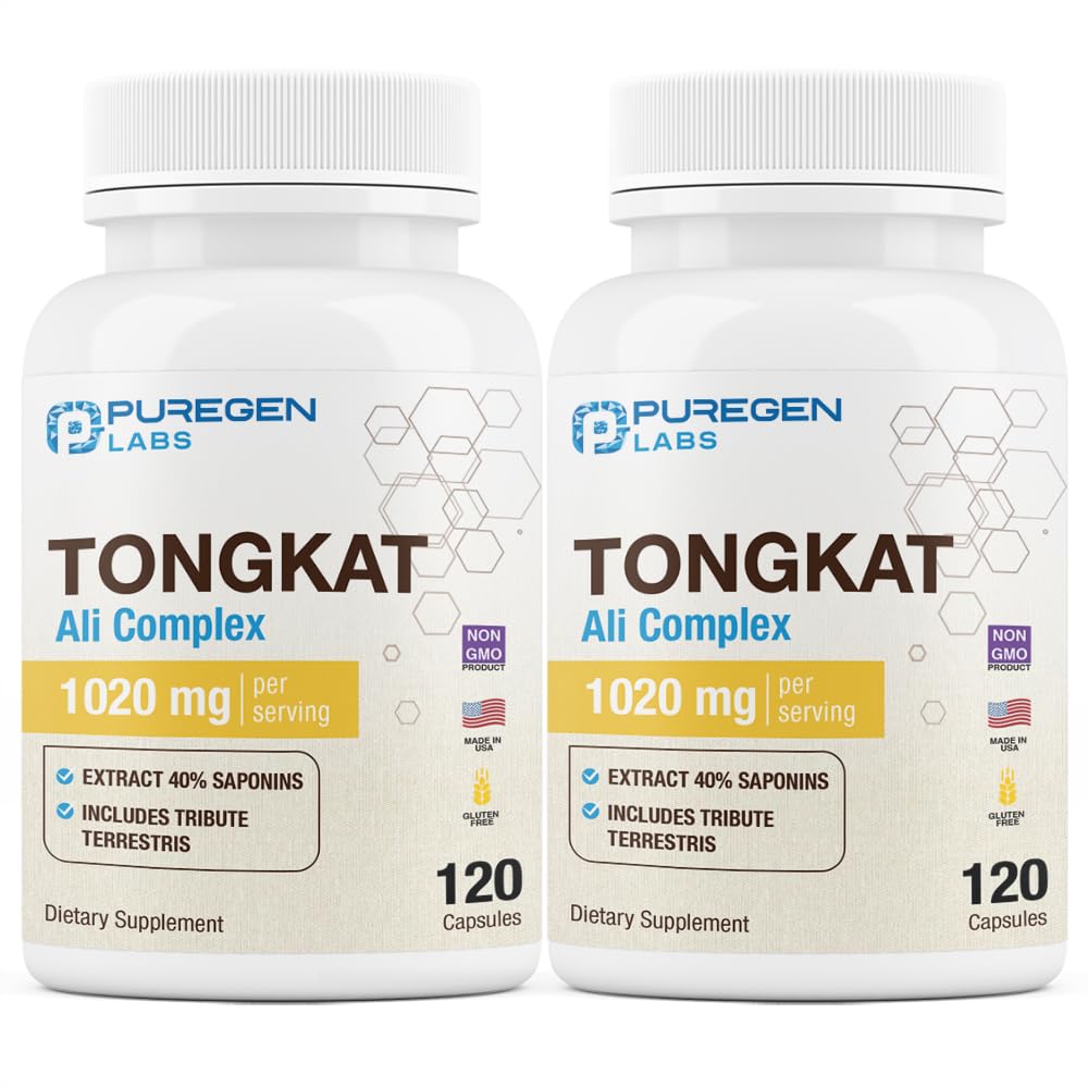 Puregen Labs Tongkat Ali Extrait 200 à 1 pour les hommes, 1020mg par portion, [High Potency] Total 240 capsules - Soutien de la santé des hommes avec 20mg Tribulus Terrestris.