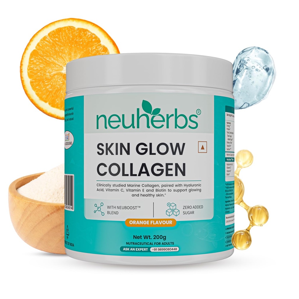 Neuherbs Collagen Supplement | Marine Skin Glow Collagen Peptides for Men & Women | With Hyaluronic Acid, Biotin, Vitamin C & E for Glowing & Youthful Skin | Orange Flavour, 200g