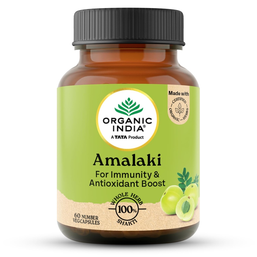 A TATA Product - Organic India Amalaki - 60 Veg Capsules, Natural Vitamin C & Antioxidants, Boosts Immune Response, Detoxify & Rejuvenate Digestive System, Reduce Acidity, GMP & NPOP Certified Organic