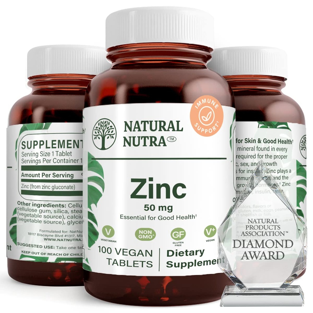 Natürliche Nutra Zink Gluconate 50mg Ergänzung für Immununterstützung, fördert Hautgesundheit, bietet Ease aus Flu & Kalt, Boost Learning & Memory, Enhance Taste & Smell, Gluten Free 50mg 100 Vegan Tablets