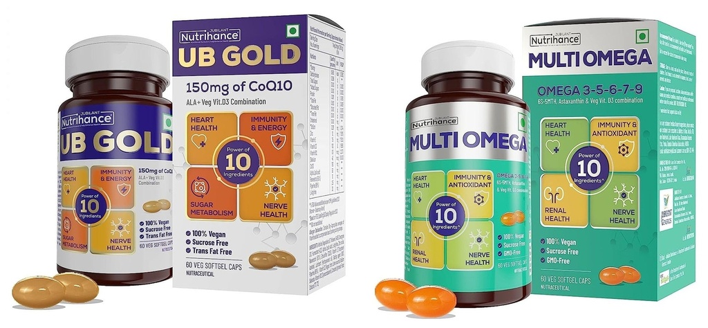 UB Gold Coenzyme Q10 (CoQ10) 150mg Supplement 100% Vegan Softgel |ALA Vit B12 D3 (60 Capsules) and Multiomega Omega Softgel | Omega 3-5-6-7-9 Vitamin D3 (60 Capsules)