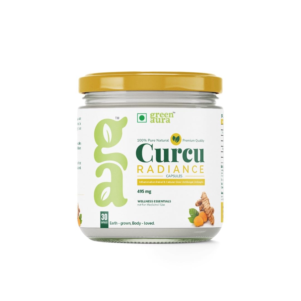 Green Aura Curcu Radiance (30 Capsule) | Turmeric Curcumin Capsules for Inflammation Relief | High Bioavailability | Ayurvedic Wellness Supplement For Inflammation Relief, Joint Health (495mg)