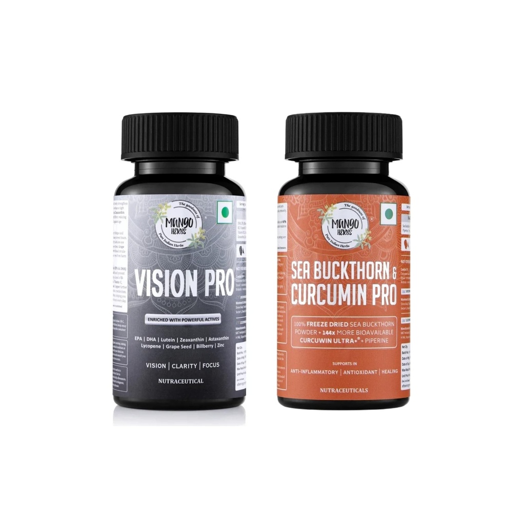 Vision Health Combo | Vision Pro + Sea Buckthorn & Curcumin Pro | Lutein, Zeaxanthin, Bilberry, Astaxanthin, Omega-3, Omega-7 & Curcumin | Eye, Skin & Immunity Support | Digital Lifestyle Wellness