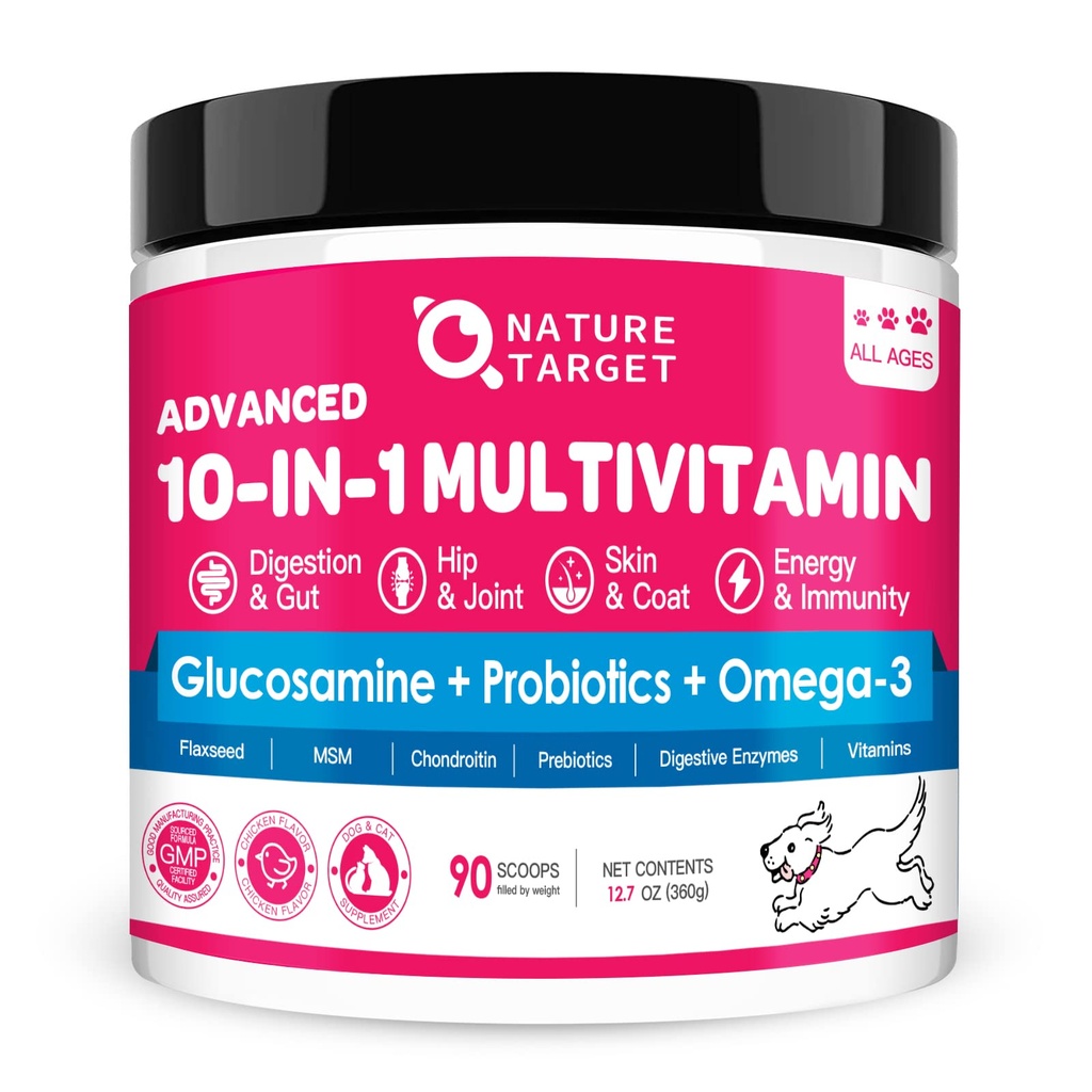 NATURA TARGET Cane Vitamine Polvere, Probiotici e enzimi digestivi per la salute del fegato, Glucosamina & Chondroitin & Omega 3, supplemento completo per il cibo per cani fatto in casa, Joint & Skin & supporto immunitario