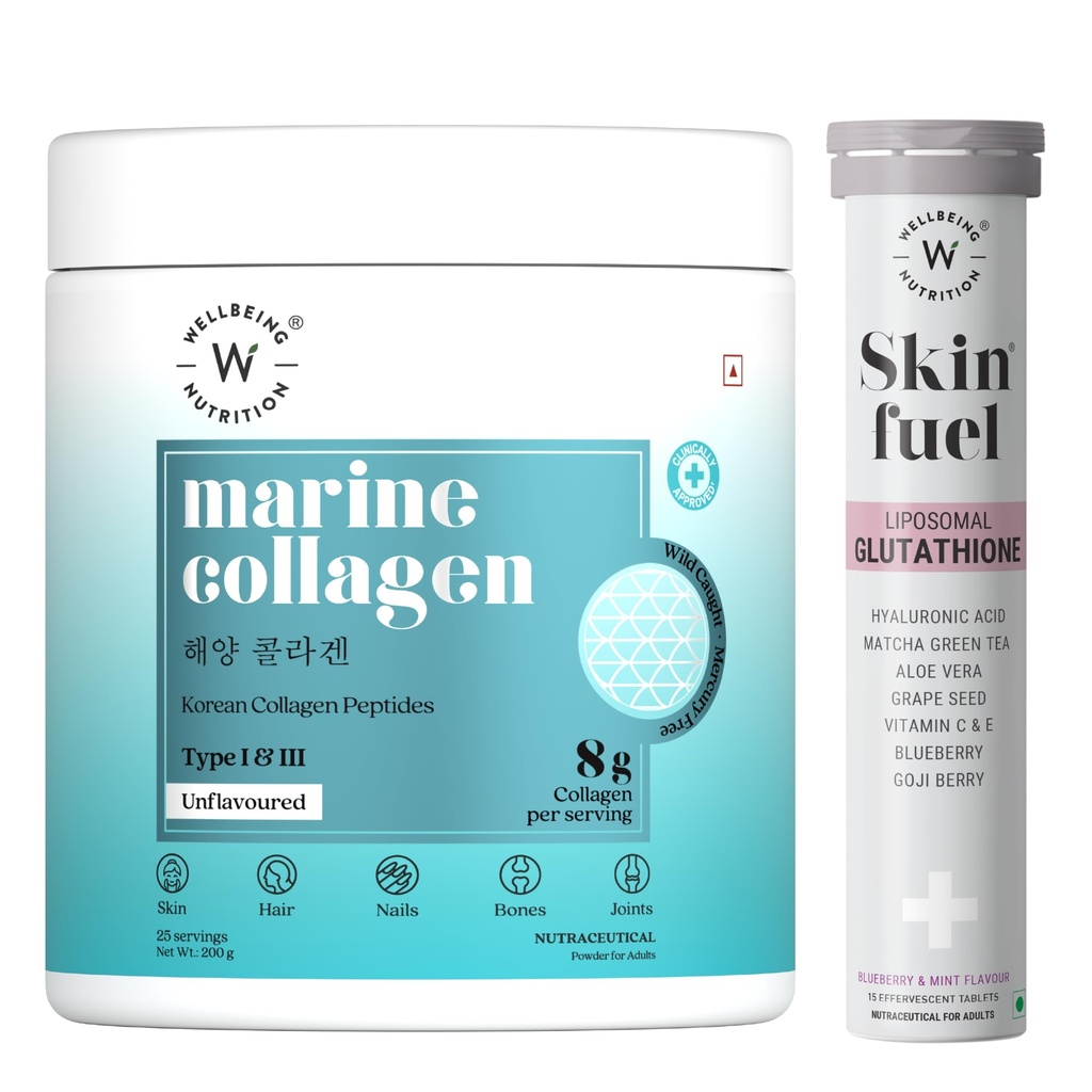 Wellbeing Nutrition Pure Korean Marine Collagen Powder 200g, 25 Servings for Skin, Hair & Joints + Skin Fuel Liposomal Glutathione 600mg with Hyaluronic Acid, Vitamin C & E for Radiance, 15 Veg Tablet