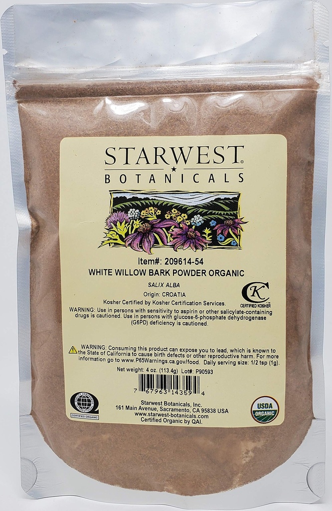 Starwest Botanicals Poudre de saule blanche biologique, 4 onces