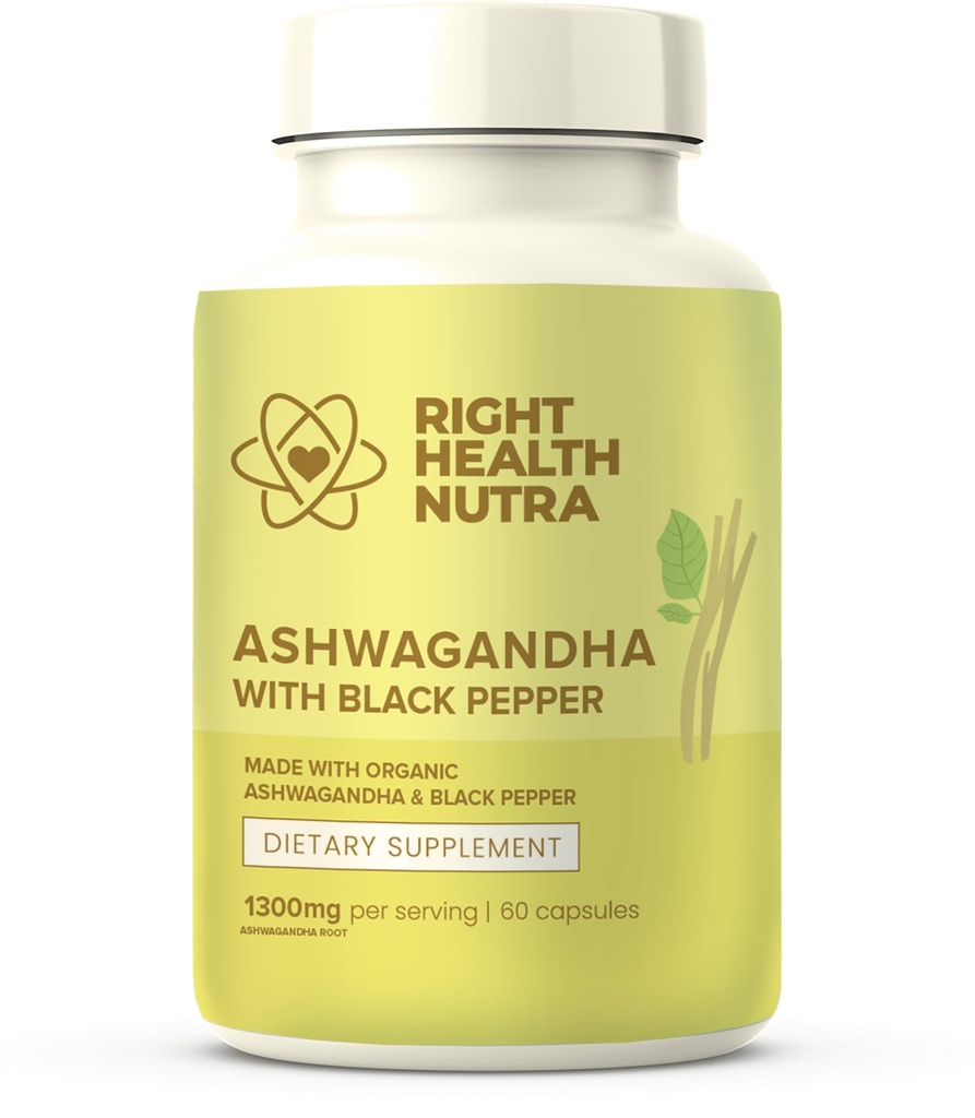 Rechts Gesundheit Nutra Ashwagandha Kapseln - 60 Count - 1300mg pro Servieren - Ashwagandha für Männer und Frauen mit schwarzem Pfeffer für maximale Absorption - Beilagen Made in USA