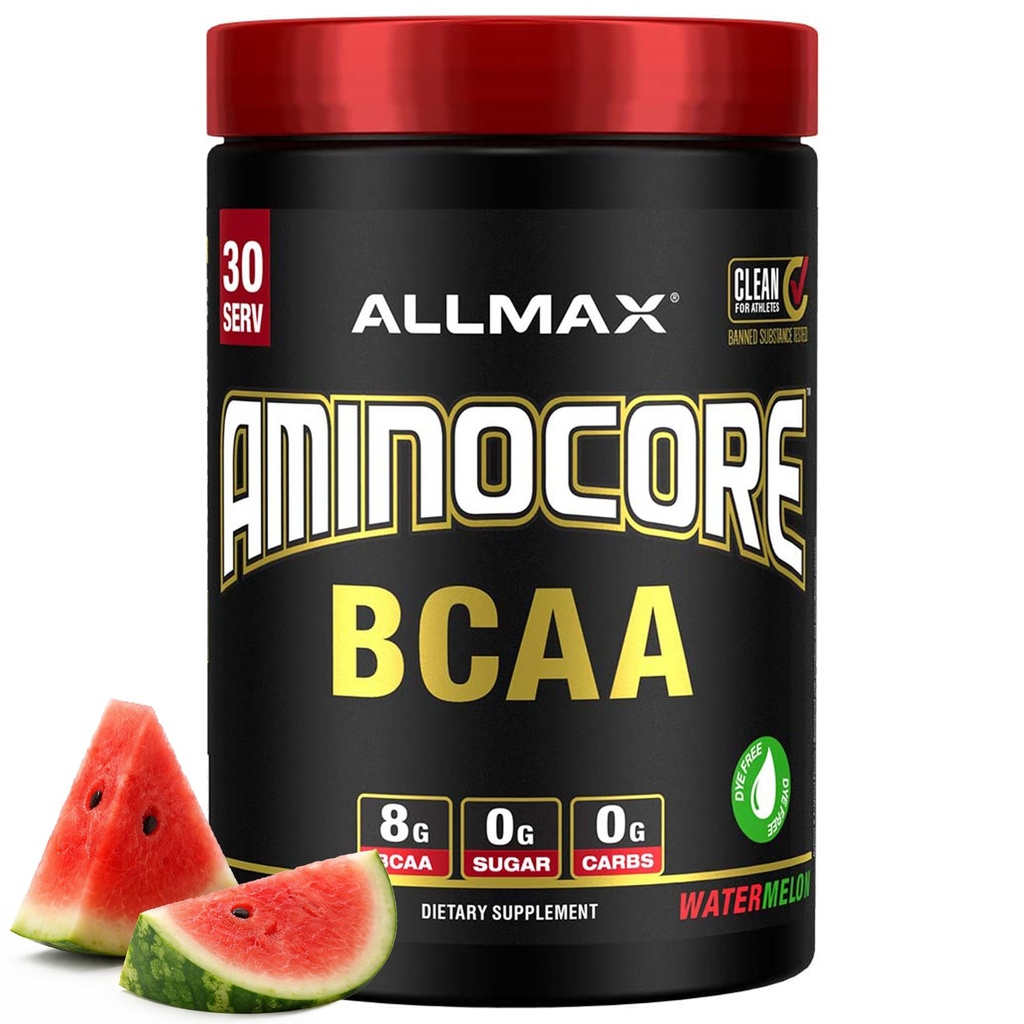 ALLMAX Nutrition AMINOCORE BCAA – 8G BCAAs – Aminoacidi a catena pura al 100% – Gluten Free - Watermelon - 315 Gram