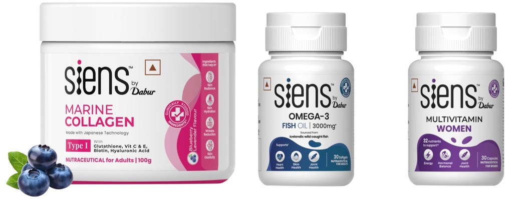 Siens By Dabur Women's Health - Marine Collagen (Blueberry-Lavender) 100g + Omega-3 Fish Oil 30 Softgels + Women's Multivitamin 30 Capsules | Complete Care