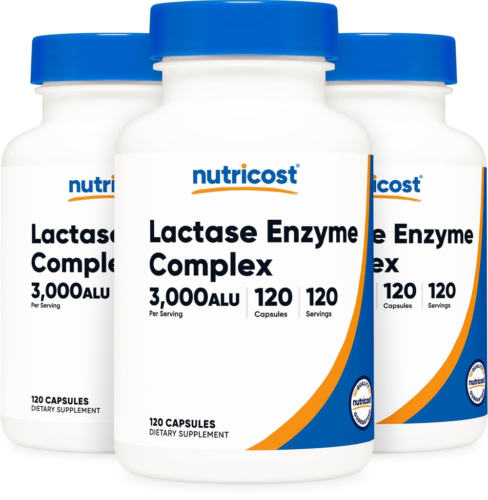 Complexe enzymatique de la lactase de Nutricost 3,000 ALU FCC, 120 capsules de légumes - non-OGM, sans gluten, 120 portions (3 bouteilles)