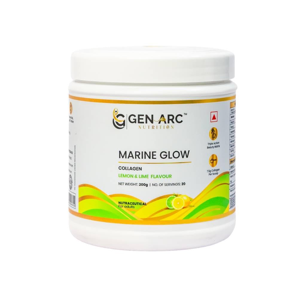 Marine Glow Collagen Powder | 7.5g Marine Collagen | With Hyaluronic Acid, Glutathione, Vitamin C, Vitamin E & Lycopene | Skin, Hair & Wellness Support | Lemon & Lime Flavour | 200g
