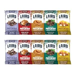 Laird Superfood Barres de protéines fonctionnelles – Barre de protéines mais mieux avec des ingrédients réels, champignons fonctionnels 10g Protéines à base végétale, 6g Fibre - Non-OGM - 5 Flavor Variety Pack, 10 Compte (paquet de 1)