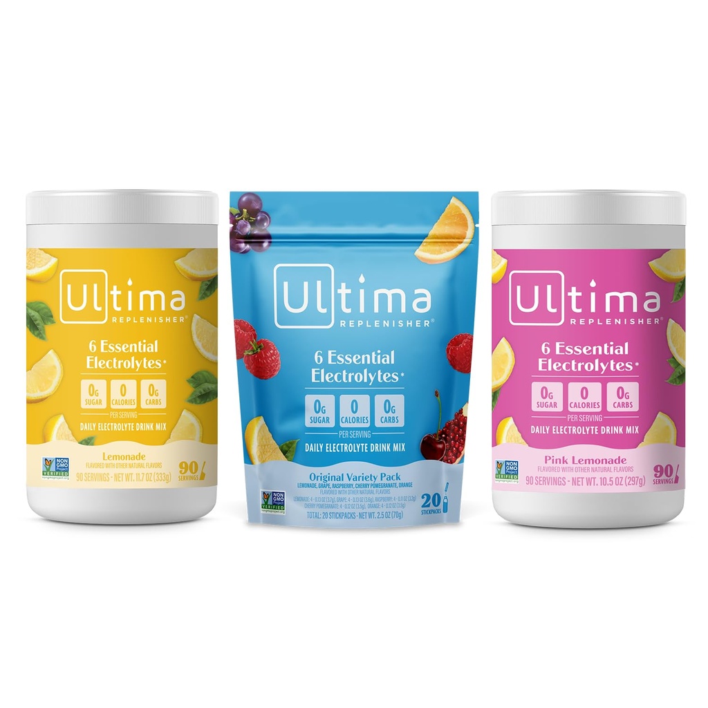 Ultima Replenisher Electrolyte Powder Drink Mix Bundle – Sugar Free – Lemonade, Pink Lemonade, Variety-90 Serve, 20 Stickpacks– 6 Elettroliti e Minerali – Keto Friendly, Vegan, Non OGM