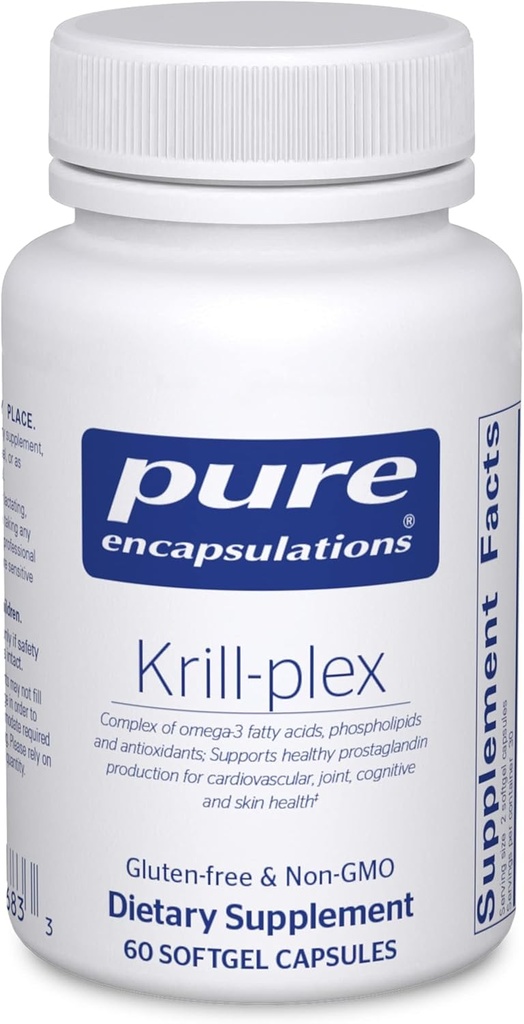 Encapsulations pures Krill-Plex's soutient le confort menstruel, la santé cardiaque, le soutien articulaire, la fonction cognitive et la santé de la peau.