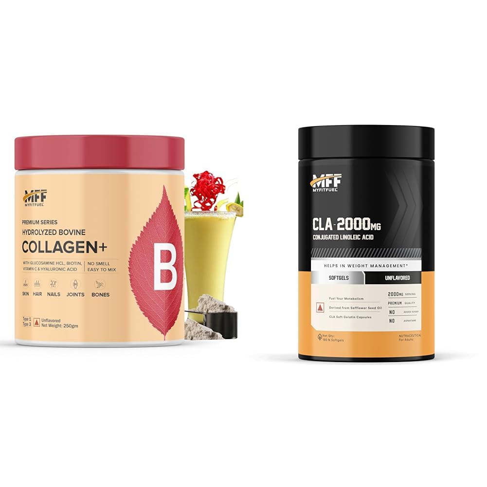 MyFitFuel Hydrolyzed Bovine Collagen (250gm, Unflavored) with Biotin, Hyaluronic Acid, Zinc, Vitam | MyFitFuel CLA 2000mg, (180 Softgels), Supplement For Men & Women