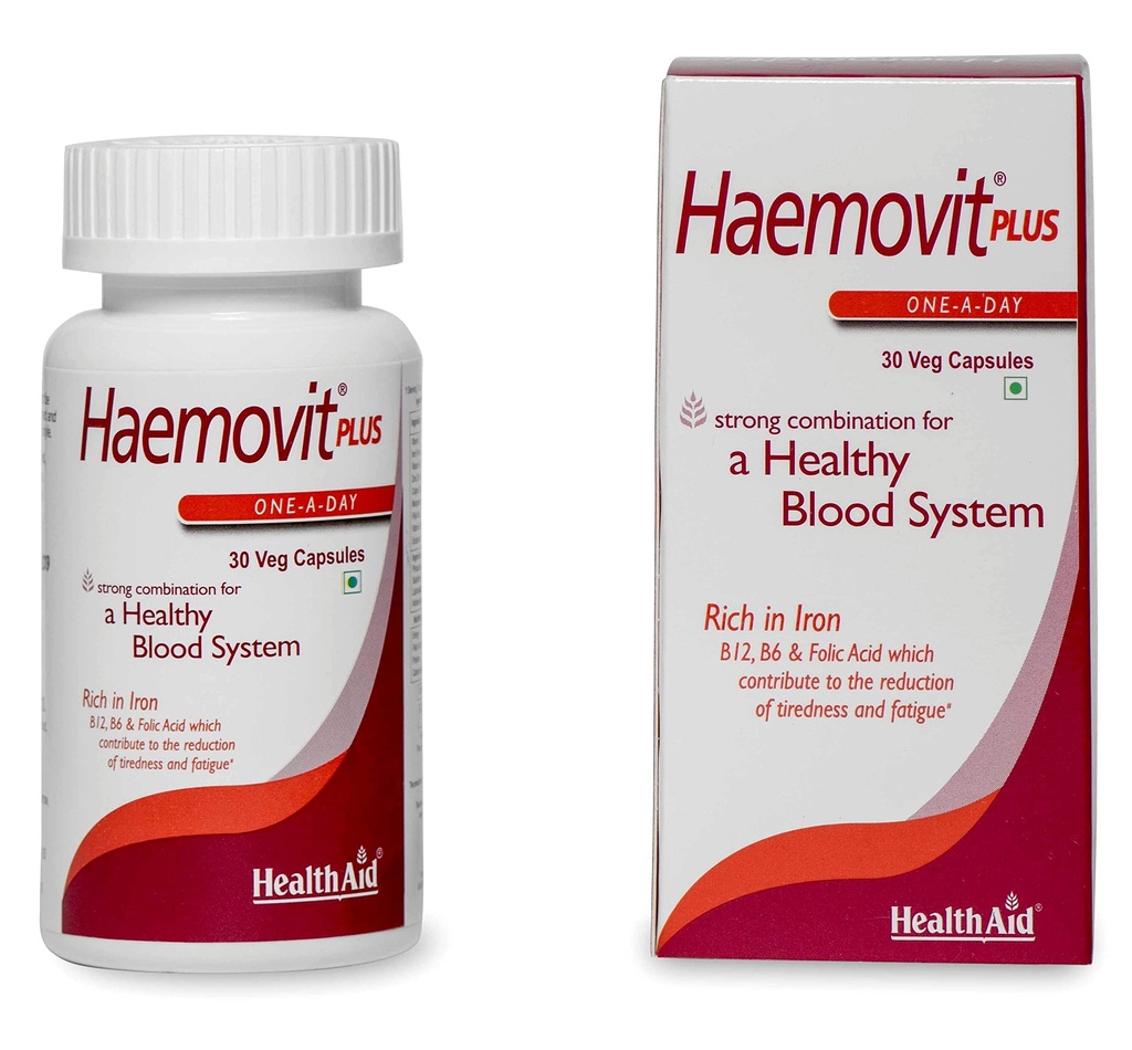 HealthAid Haemovit Iron & Folic Acid Supplement with Vitamin B12 | Supports Healthy Blood Formation & Helps Reduce Fatigue | For Men & Women – 30 Vegetarian Capsules