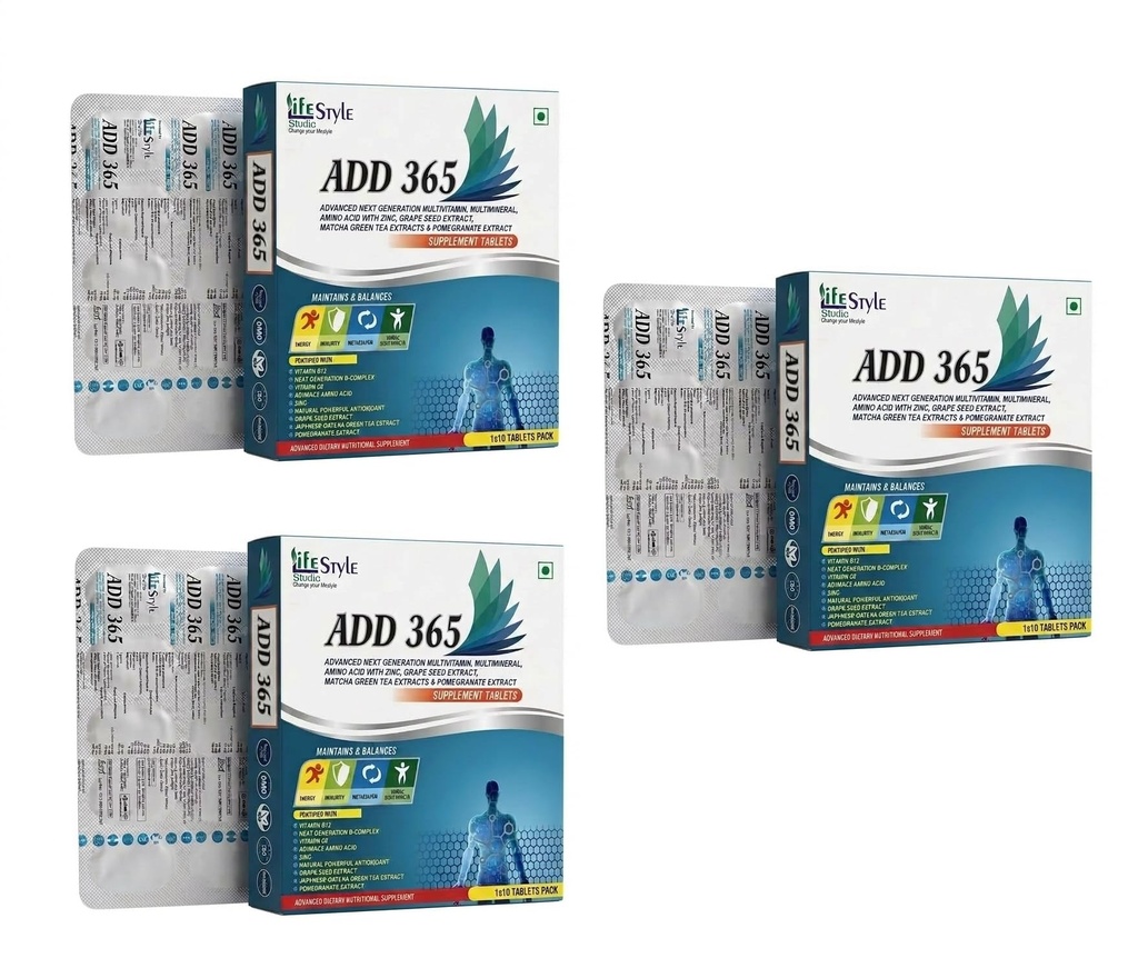 Lifestyle Studio Add 365 Supplement Tablets | Maintain & Balance Enery/Immunity/Metabolism and Whole Body Health. (Pack of 3 (10 * 3))