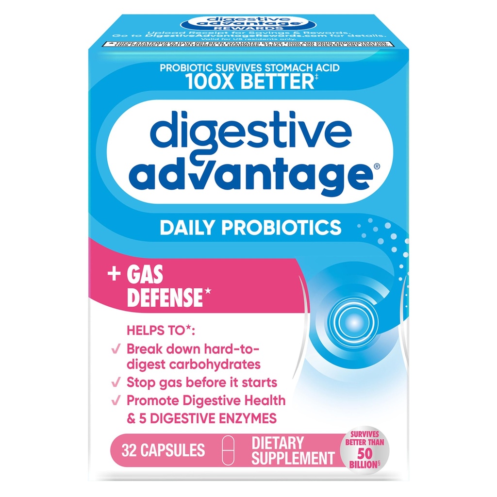 Digestive Advantage Fast Acting Enzymes + Daily Probiotic Prevent Gas & Break Down Food Particles 32 Count Capsules