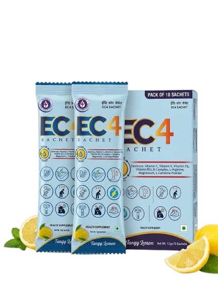 EC4 Sachet 10 x 12g | Electrolyte & Nutritional Health Supplement | With Vitamins C, E, D3, B12, Magnesium, Potassium, L-Arginine & L-Carnitine | Tangy Lemon (Pack of 1)