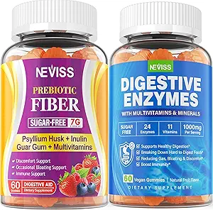 NEVISS Psyllium Musque Gommies de fibre prébiotique - Fibre de 7G avec 2000mg Mélange de fibre prébiotique et multivitamines - Inuline, Fos, Guar Gum et Enzymes Multi Digestifs Vitamine Gommies Chewable