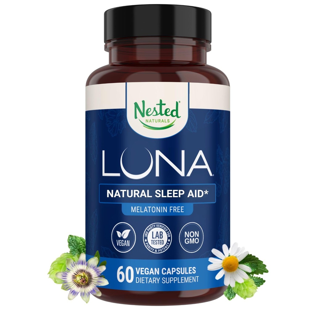 Nested Naturals Luna Sleep Supplement, Melatonin Free, Non-Habit Forming Herbal Sleep Supplement, Adult Bedtime Support, Hilfe Schlafen w/Chamomile, Valerian, L-Theanine, 60 Vegan Kapseln