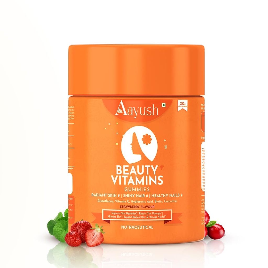Aayush Wellness Skin, Hair & Nail Gummies (Strawberry Flavor) | With Biotin, Hyaluronic Acid & Vitamin C | Skin Glow, Radiance Support & Antioxidant Formula | Gummy For Men & Women - 60 Gummies