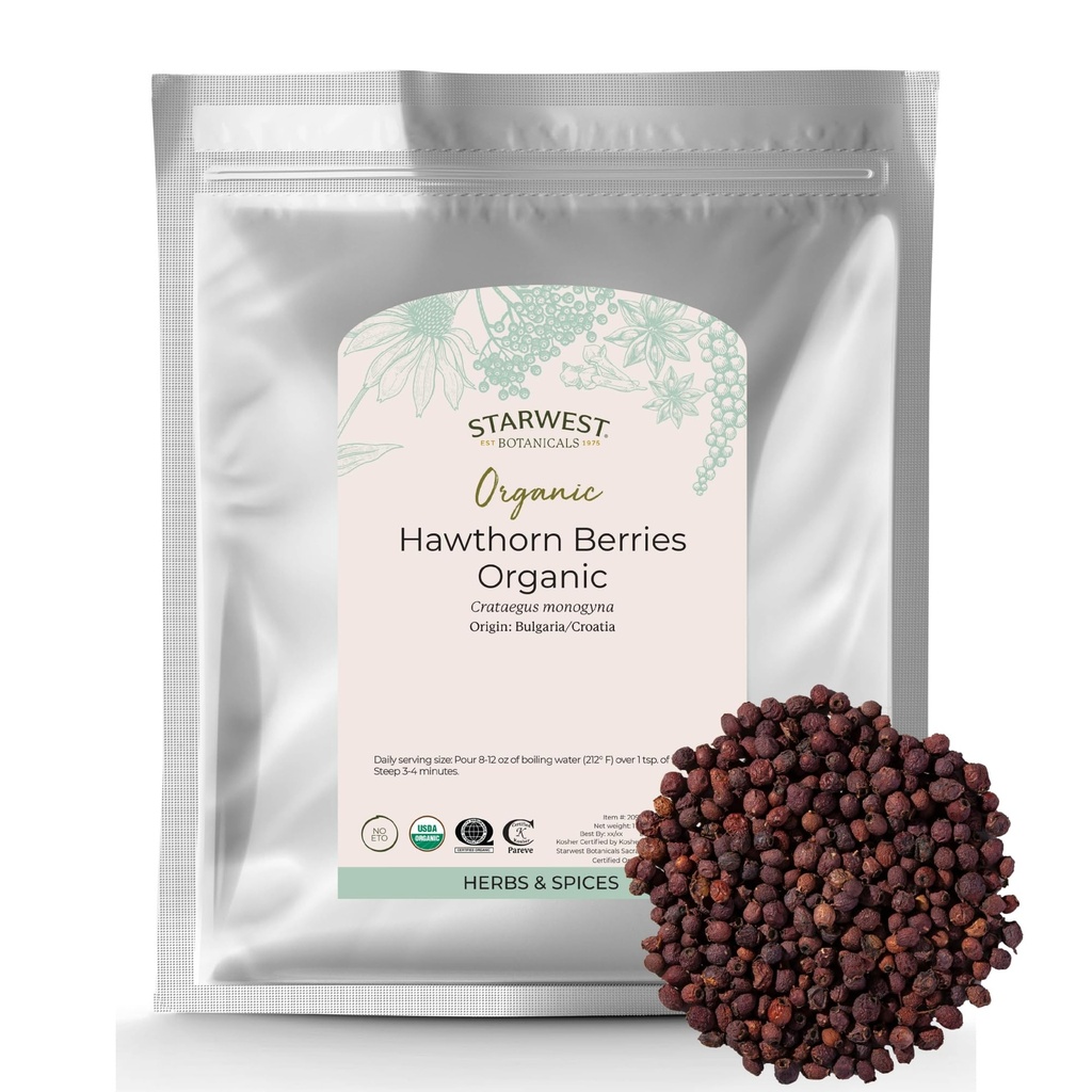Starwest Botanicals Organic Hawthorn Berries Whole - Dried Loose Leaf Herb for Tea, Jam, & Herbal Extract, Natural Digestion Support, Certified Kosher, Non-GMO - Bulk 1 lb Bag