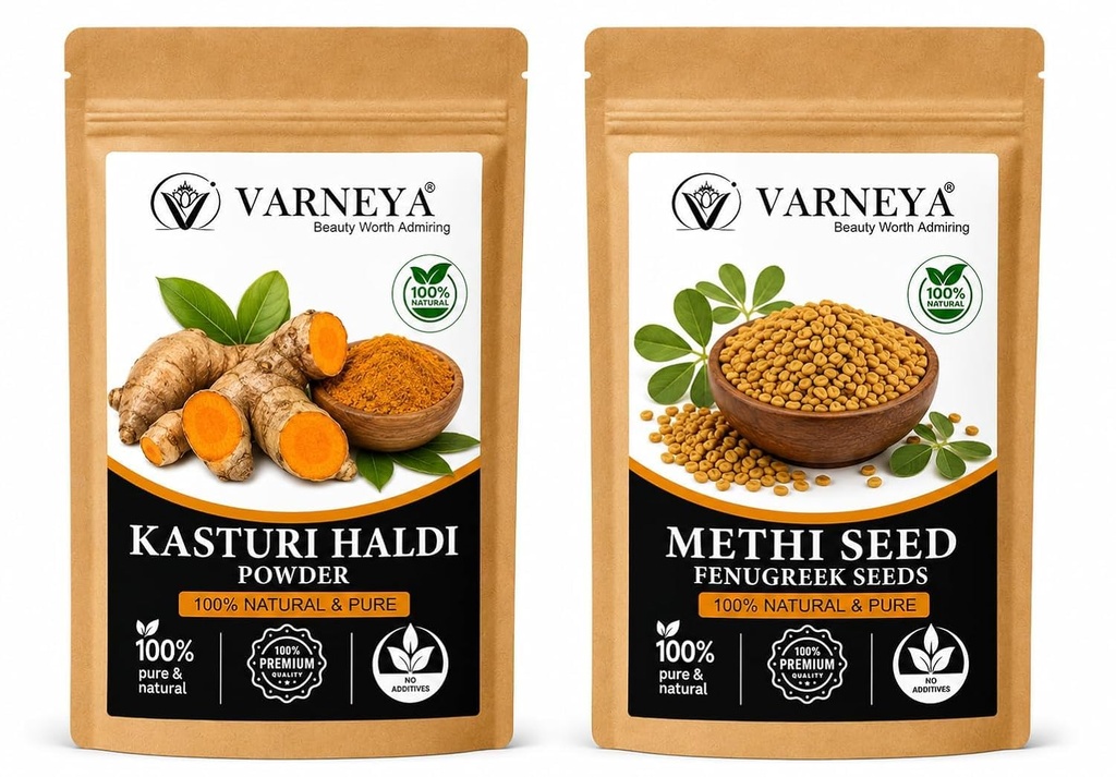 Naturals Organic Kasturi Haldi (Wild Turmeric) Powder 100g + Methi Seed Powder 100g Combo | 100% Pure Natural Ayurvedic Herbal Powders | Chemical-Free | For Face Pack, Hair Care & Skin Care | No Preservatives (Pack OF 2)