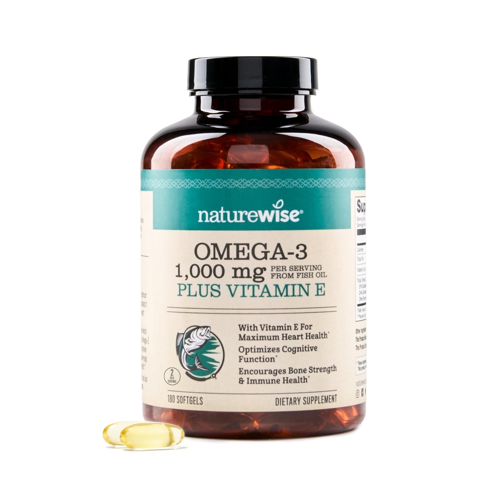 NatureWise Extra-Strength Omega 3 Supplément huile de poisson - 1000mg par portion - 600 EPA & 400 DHA et vitamine E - Soutien à la santé du coeur et du cerveau - Saveur de citron, sans OGM - 180 Softgels[3-Mois]